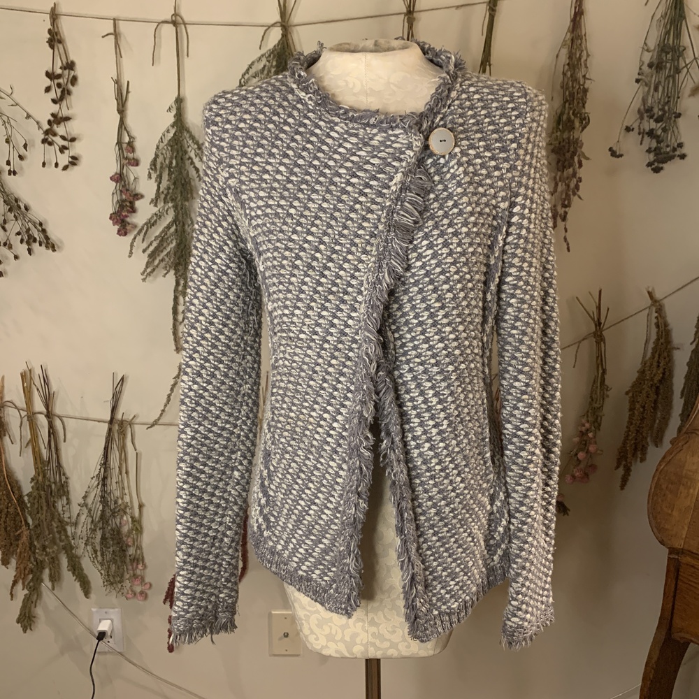 Angel Of The North Anthropologie Sweater Small Gray Fringe Knit Blazer Cardigan